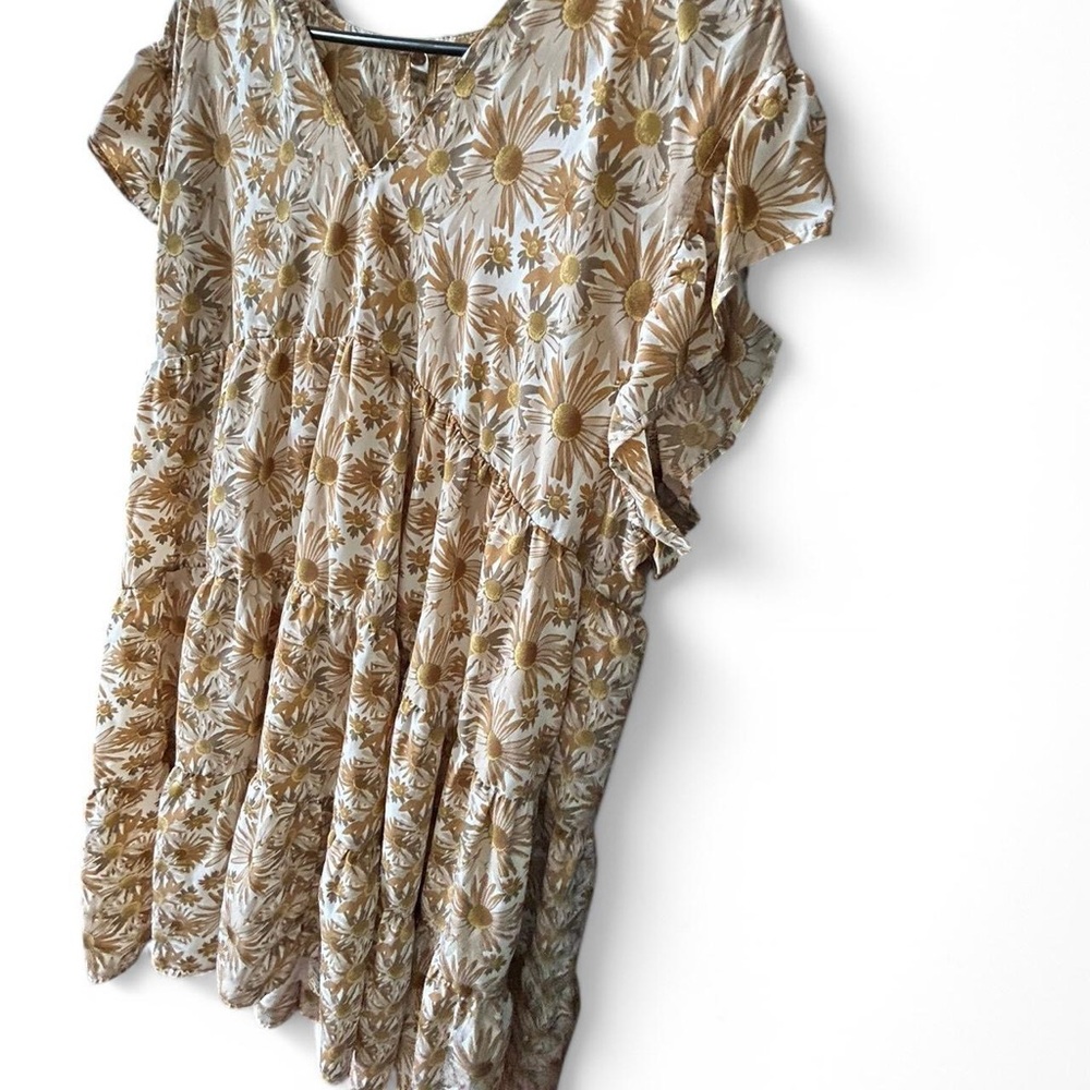 Cream and yellow Floral dress with V-Neck